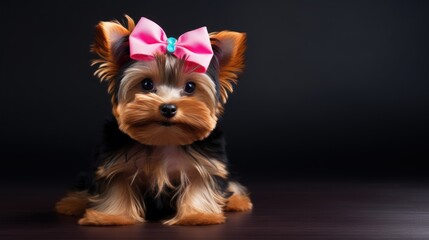  a small brown and black dog with a pink bow on it's head sitting on top of a table.