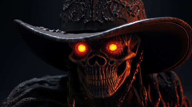  a skeleton wearing a cowboy hat with glowing eyes and a red light in the eye of it's head.