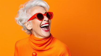  a woman with white hair wearing red sunglasses and a red turtle neck sweater is laughing and looking at the camera.