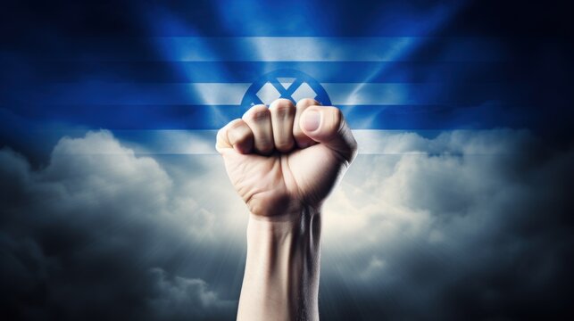  a hand with a fist raised in front of a blue sky with clouds and the flag of the country of greece.