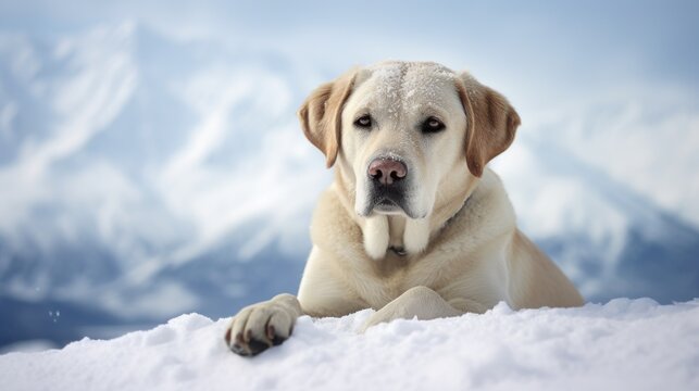 a white dog laying in the snow with a mountain in the backgroup of it's head.