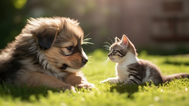  a puppy and a kitten are sitting in the grass and one is looking at the other side of the picture.