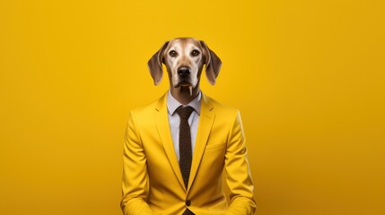  a dog in a suit and tie sitting in the middle of a yellow room with his head in his mouth.