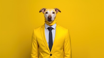  a dog in a suit and tie standing in front of a yellow wall with a sad look on his face.