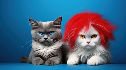  a cat with a red wig and a white cat with blue eyes are sitting next to each other on a blue background.