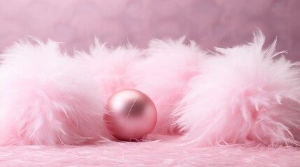  a pink christmas ornament with white feathers and a pink ornament on a pink background with a pink background.