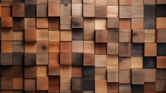  a close up of a wooden wall made up of squares and rectangles of different sizes and colors of wood.