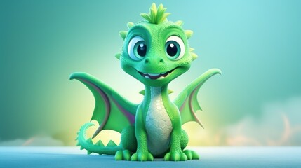  a little green dragon sitting on top of a blue floor next to a blue sky and a cloud filled sky.