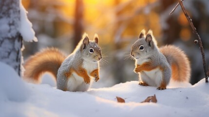 Naklejka na ściany i meble a couple of squirrels standing on top of a snow covered ground in front of a forest filled with trees.