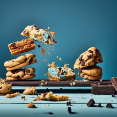  a pile of chocolate chip cookies with a bite taken out of one of the cookies and the rest of the cookies falling out of them.