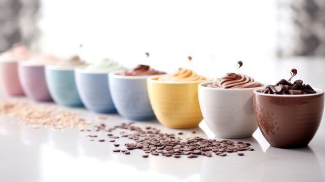  a row of bowls filled with different types of desserts on top of a white counter next to a pile of chocolate chips.