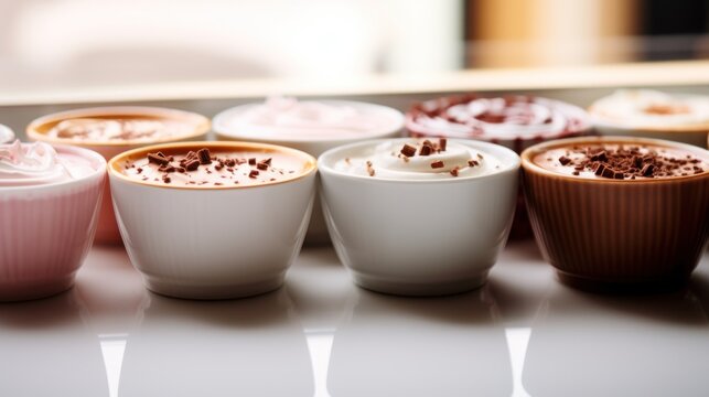  a row of cups filled with different types of desserts on top of a white counter top in front of a window.