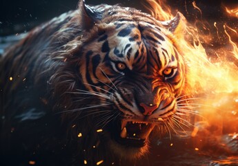  a close up of a tiger on fire with it's mouth open and it's mouth wide open.