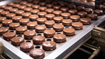 Obraz na płótnie Canvas a conveyor belt with rows of chocolate candies on the conveyor belt and a conveyor belt with rows of chocolate candies on the conveyor belt.