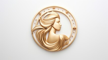 a gold brooch with a woman's face in the center of the brooch is surrounded by stars. - obrazy, fototapety, plakaty