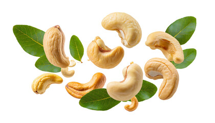 Falling cashew nuts isolated on white background - obrazy, fototapety, plakaty