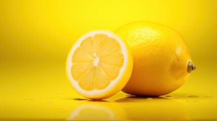  a close up of two oranges on a yellow background with one cut in half and the other sliced in half.