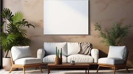 White sofa and armchairs in a room with a large blank picture frame on the wall