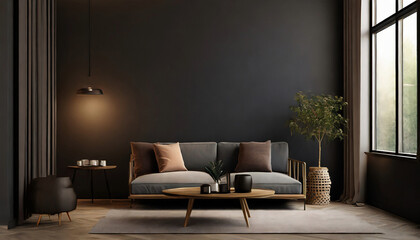 Living room interior, wall mockup, 3d render