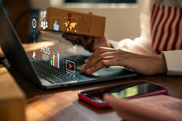 Digital marketing concept, Sme businesswomen using laptop with Ads dashboard digital marketing...