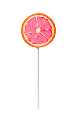 Lollipop on a stick in the shape of an orange or grapefruit. Sweet sugar candy isolated on white background. Design element for collage, postcard, design.