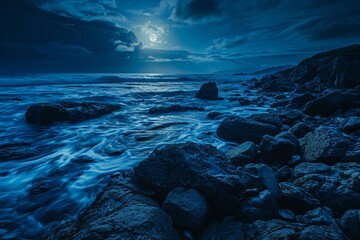 Obraz premium A moonlit rocky beach with neon midnight blue veins in the rocks and waves,