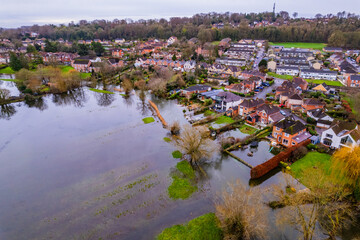 Flood water and houses in Salisbury after heavy rain and River Avon bursts it's banks