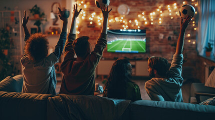 Back view group of young friends watching football match from television at home. Young people cheering sport tournament live broadcast together.