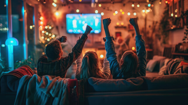 Back view group of young friends watching football match from television at home. Young people cheering sport tournament live broadcast together.