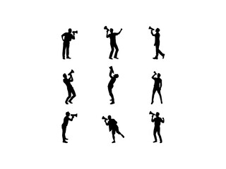 Set of People Using Megaphone Silhouette in various poses isolated on white background
