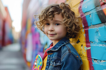 portrait of a child. a curly-haired smiling boy of 7-10 years old in a yellow denim jacket stands against a bright wall painted with graffiti. medium plan.