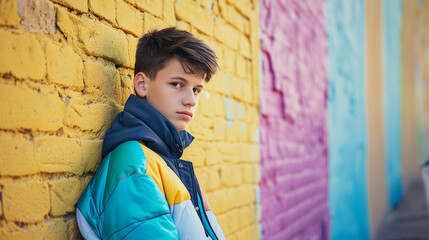 portrait of a person> a curly-haired boy of 10-14 years old in a colorful jacket stands against a bright wall painted with graffiti wall. medium plan.