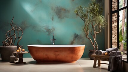 Bathroom with copper bathtub and green marble walls - obrazy, fototapety, plakaty