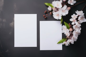 A white card with white spring flowers. Place for text