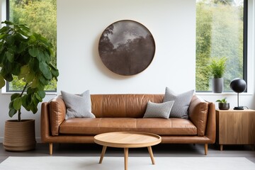 brown leather sofa in a living room with a round wooden frame on the wall and plants by the windows