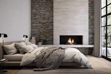 Cozy modern bedroom interior with stone fireplace and staged king bed