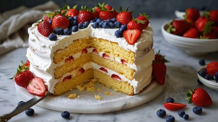 Vanilla sponge cake with cream and strawberries