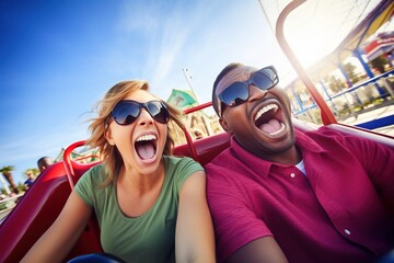 Interracial couple riding a roller coaster