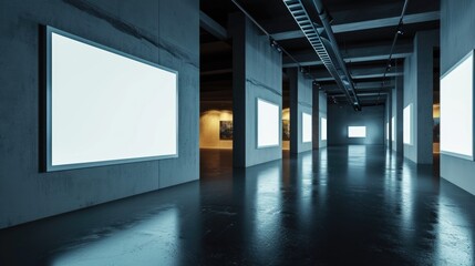 Modern empty gallery room interior with white mock up frame on illuminated dark wall