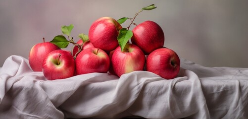 An exquisite display of red delicious apples, pink lady apples, and granny smith apples on a pastel sky grey cloth