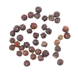 Seeds or pile of black pepper, Indian spice, isolated on white background.