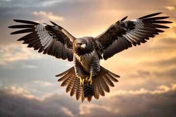 A close up of a flying hawk with an amazing background - obrazy, fototapety, plakaty