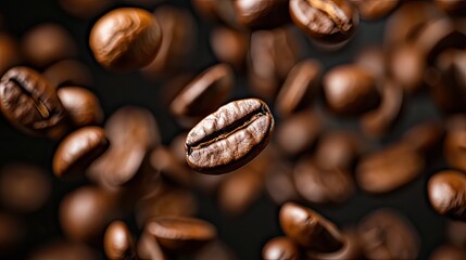 Coffee beans in flight on a dark background 