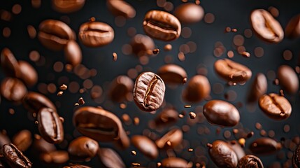 Coffee beans in flight on a dark background 