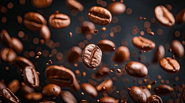 Coffee beans in flight on a dark background © buraratn