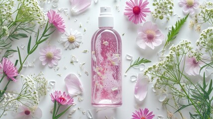 Cosmetics - beauty product mockup with blank bottle with pink liquid soap or shower gel on a white surface surrounded by different delicate flower petals 
