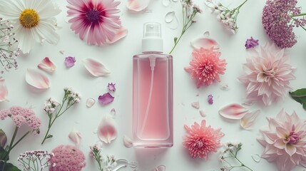 Cosmetics - beauty product mockup with blank bottle with pink liquid soap or shower gel on a white surface surrounded by different delicate flower petals 