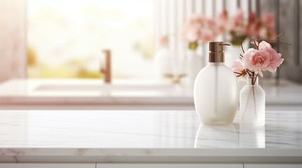 Serene Luxury: Empty Marble Table in Modern White Bathroom, Clean Design, Elegant Interior with Minimalist Style and Shiny Reflection