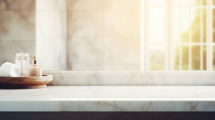 Serene Luxury: Empty Marble Table in Modern White Bathroom, Clean Design, Elegant Interior with Minimalist Style and Shiny Reflection