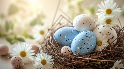 Naklejka na ściany i meble Easter eggs with sweets and flowers on beige. Happy Easter concept. White and blue eggs and cute nest with candy 